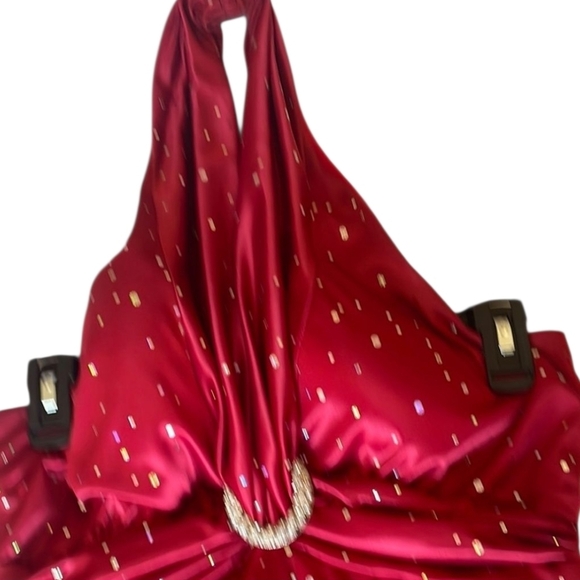 My Michelle Red and Silver Sparkle Satin Cocktail Formal Halter Hi-Lo Dress - Picture 7 of 9